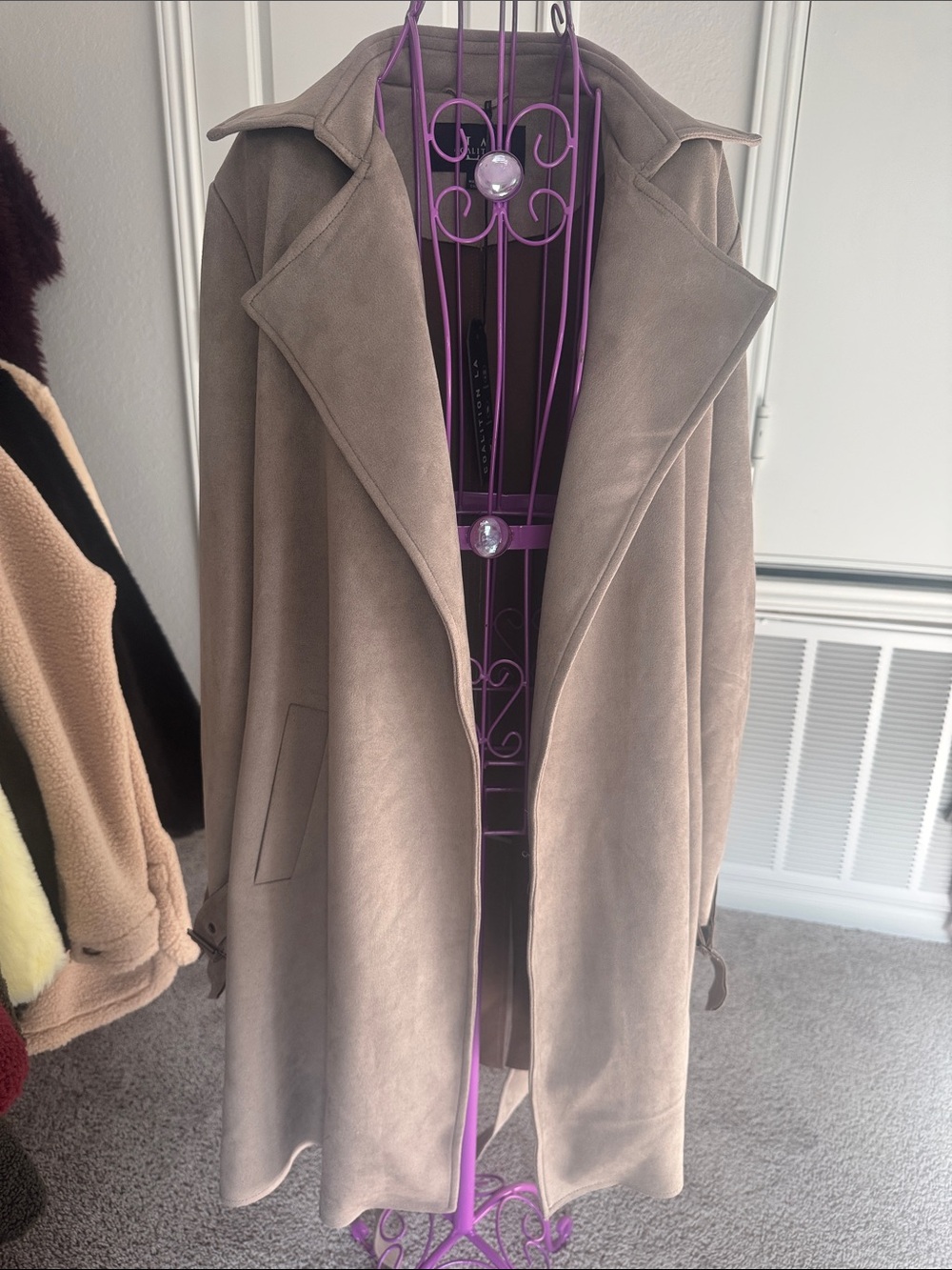 LA Coalition Longline Taupe Suede Trench Coat - Soft Tailored Outerwear